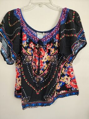 Flying Tomato Black Scoop-Neck Floral Peasant Top with Blue Trim